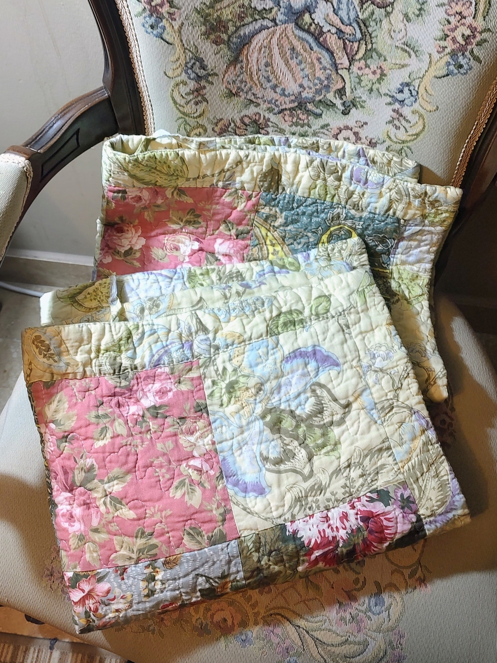 Patchwork Floral Quilted Pillow Sham Pair in Pink, Blue, Cream